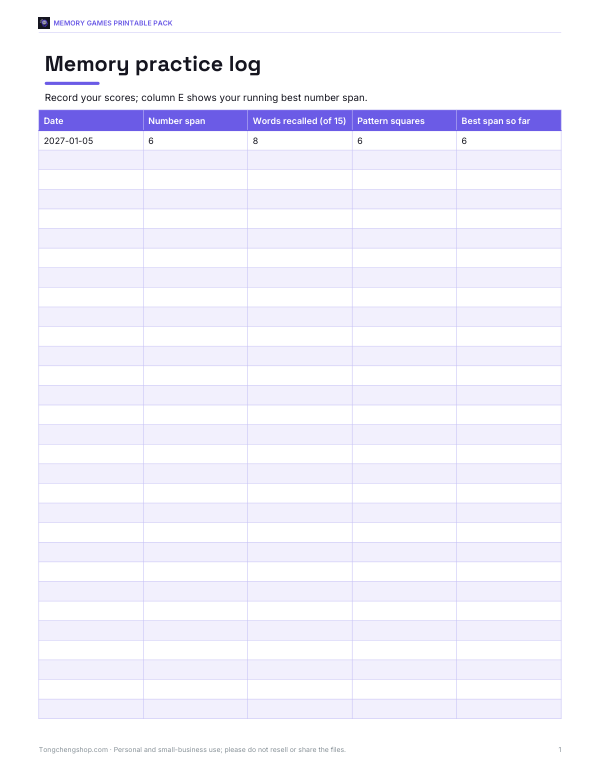 Preview of Printable Memory Practice Log