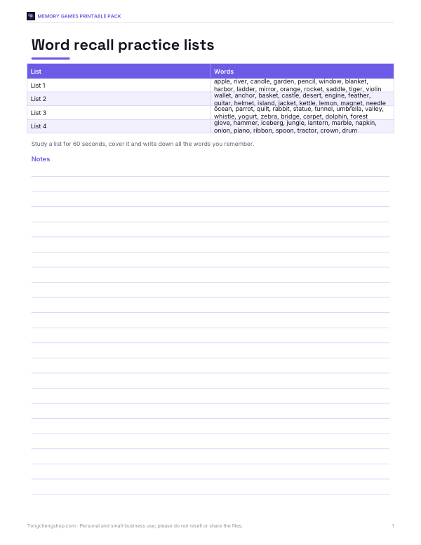 Preview of Printable Memory Recall Lists