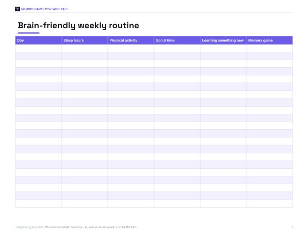 Preview of Printable Weekly Memory Routine Planner